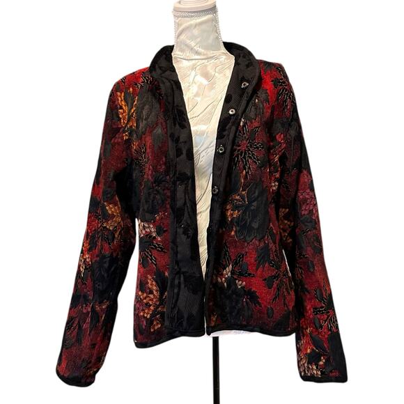Red Floral Black Reversible Tapestry Coat Womens Sz large Floral Gothic Boho - Picture 1 of 16